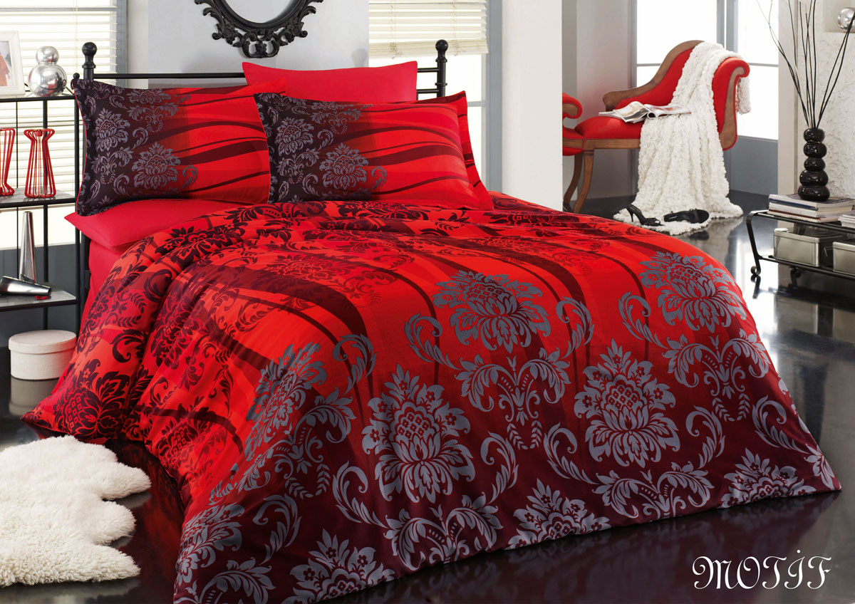 4 tlg 200x220 cm Bettwäsche MOTIF ROT-GRAU