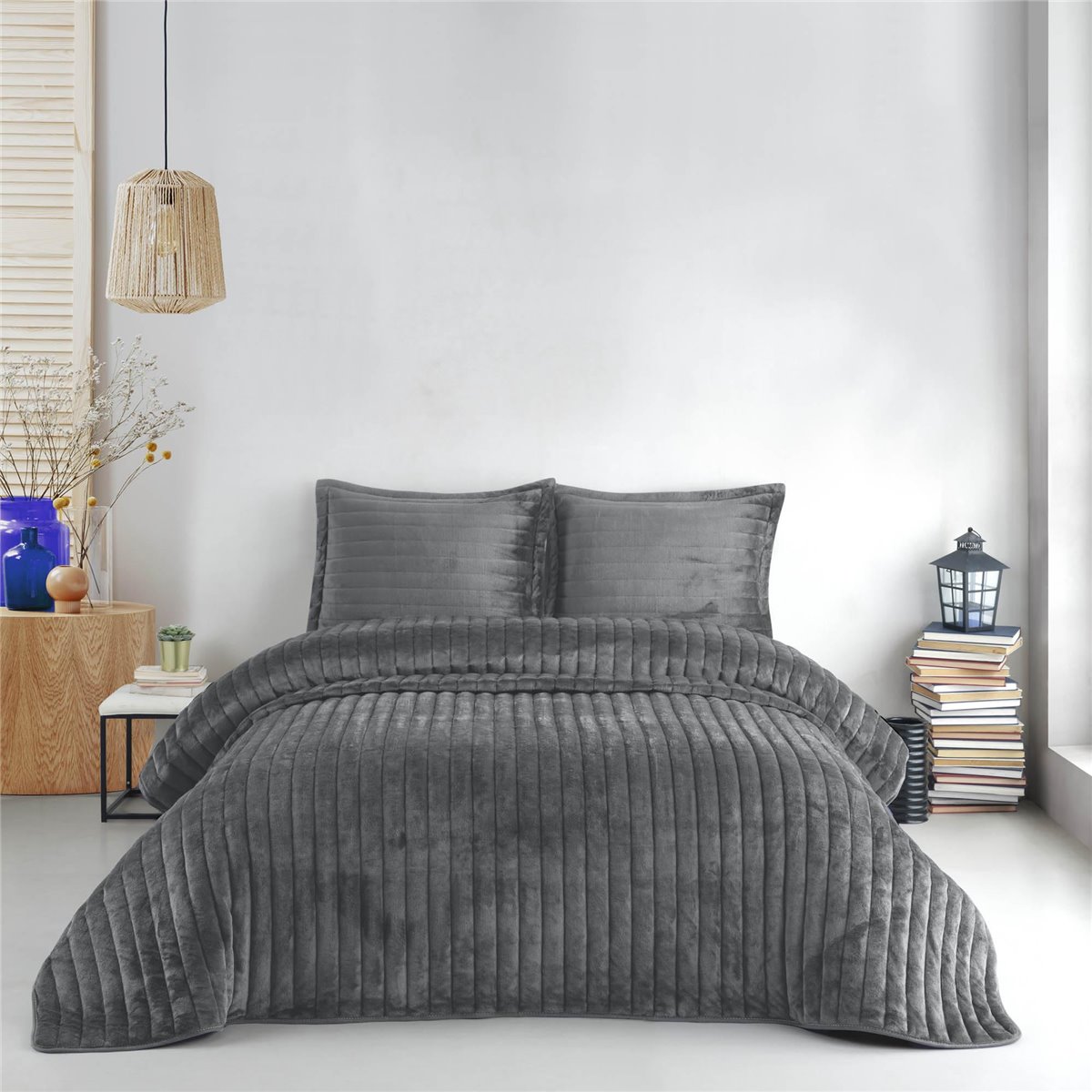 Tagesdecke, Decke, Bettüberwurf, Set, grau, 2 Kissenbezüge