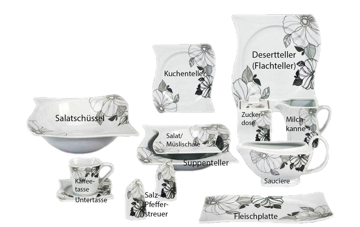 Kombiservice Chardon, blume schwarz, 43tlg, 6 Personen