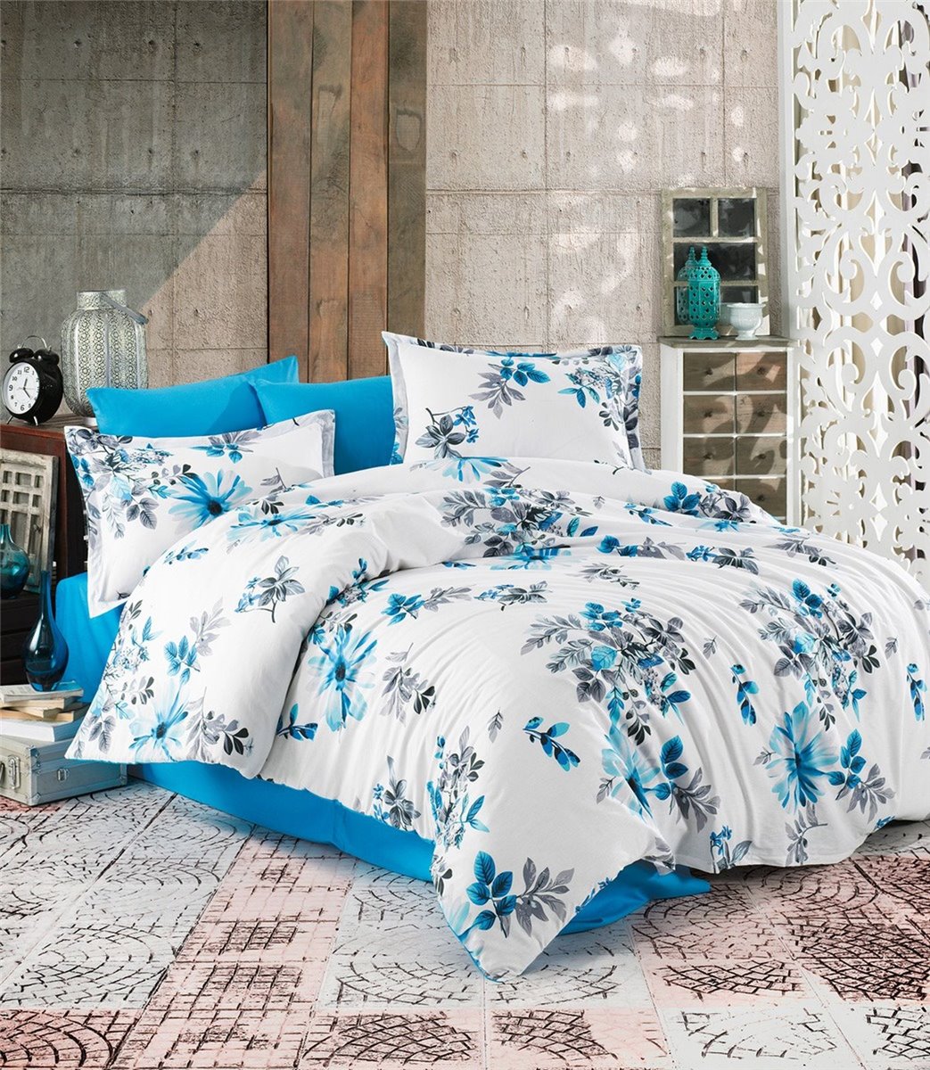 6 tlg Bettwäsche 135x200 cm Flowers Blau